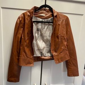 Brown leather cropped jacket with puff sleeve